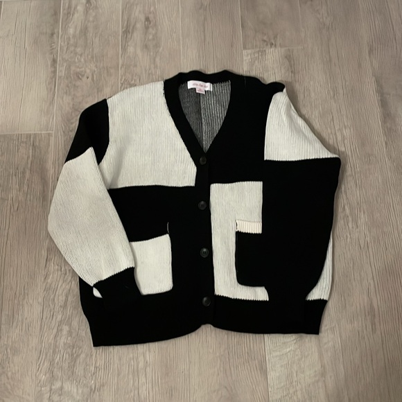 Lisa Says Gah Black White Color block Chunky knit cardigan sweater XS/S - Picture 3 of 6